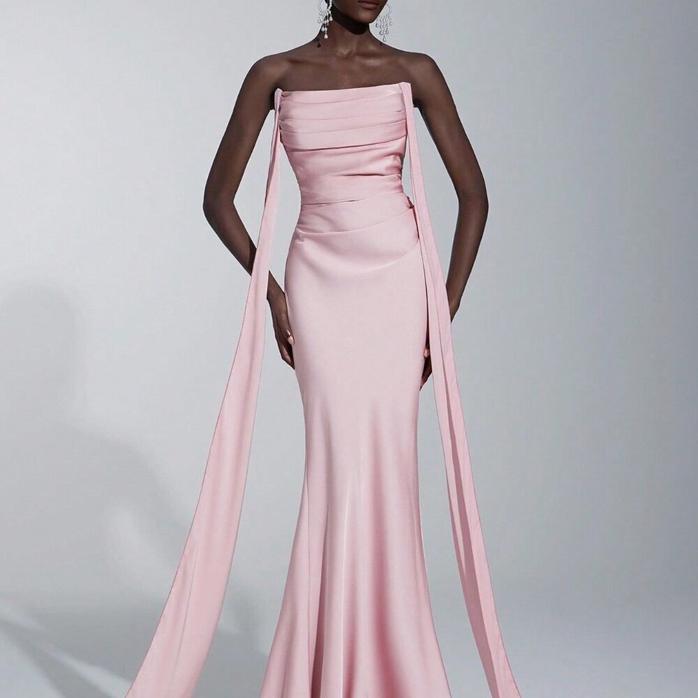 Dusty Pink Elegant Women's Woven Matte Sash Bustier Mermaid Dress